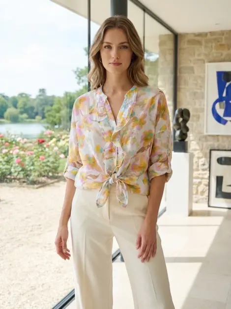 Chemise blouse en tencel fluide imprimé floral manches 3/4 nœud bohème