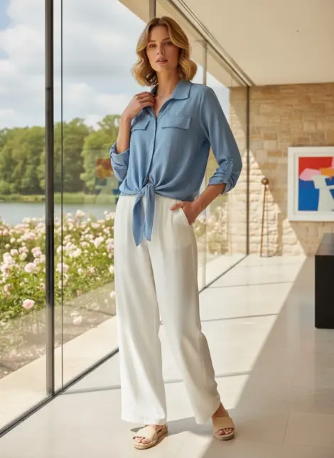 Chemise blouse en viscose fluide à nouer orné de boutons et fausses poches