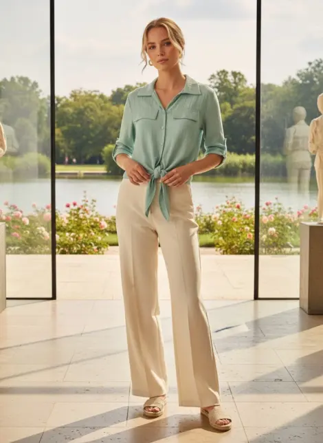 Chemise blouse en viscose fluide à nouer orné de boutons et fausses poches