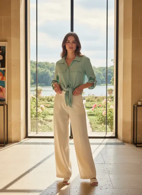 Chemise blouse en viscose fluide à nouer orné de boutons et fausses poches