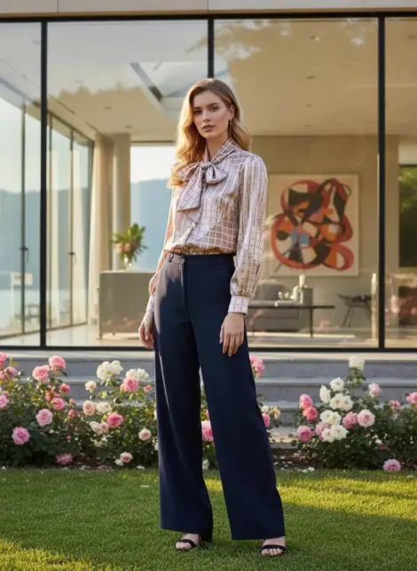 Chemise blouse fluide à imprimé, col lavallière manches longues effet soie
