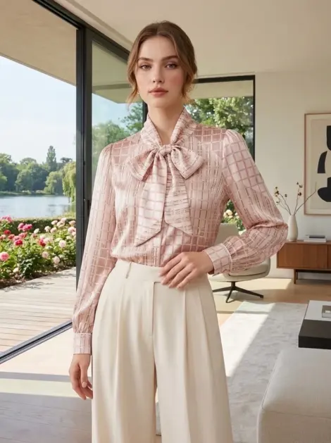 Chemise blouse fluide à imprimé, col lavallière manches longues effet soie