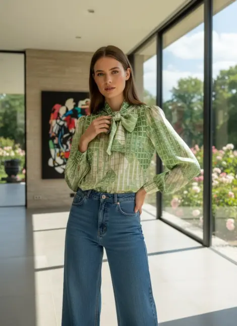 Chemise blouse fluide à imprimé, col lavallière manches longues effet soie