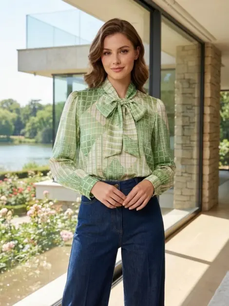 Chemise blouse fluide à imprimé, col lavallière manches longues effet soie