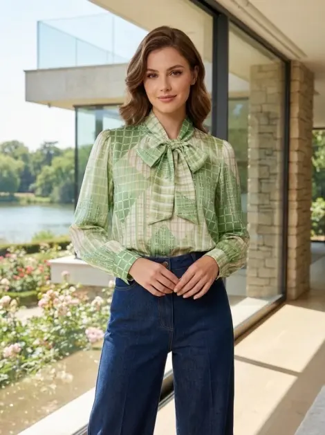 Chemise blouse fluide à imprimé, col lavallière manches longues effet soie