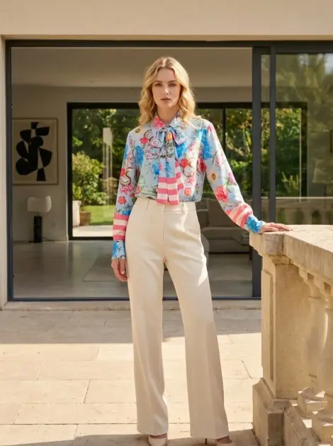 Chemise blouse fluide col lavallière à imprimé fleurs et rayures - satin chic