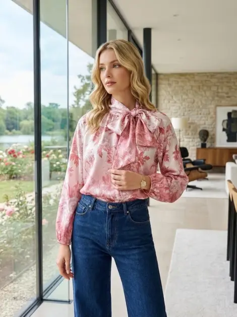 Chemise blouse fluide imprimé fleuri et broderie à col lavallière - soie sati