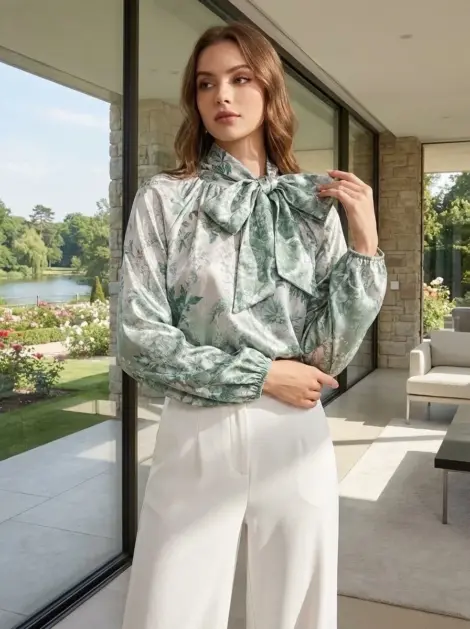 Chemise blouse fluide imprimé fleuri et broderie à col lavallière - soie sati