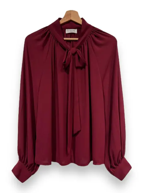 Chemise blouse top manche longue fluide avec nœud col rond, élégante confortable
