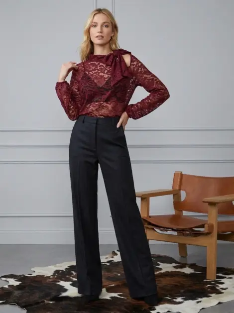 CHEMISE EN DENTELLE À COL ROND NOEUD MANCHES LONGUES DÉTAILS COTON EFFET SOIE