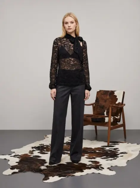 CHEMISE EN DENTELLE À COL ROND NOEUD MANCHES LONGUES DÉTAILS COTON EFFET SOIE