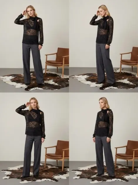 CHEMISE EN DENTELLE À COL ROND NOEUD MANCHES LONGUES DÉTAILS COTON EFFET SOIE