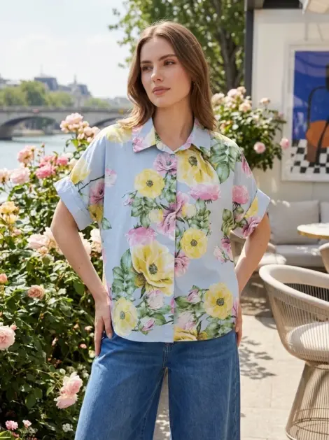 Chemise fluide au charme bucolique Oversize "Jardin de Roses"