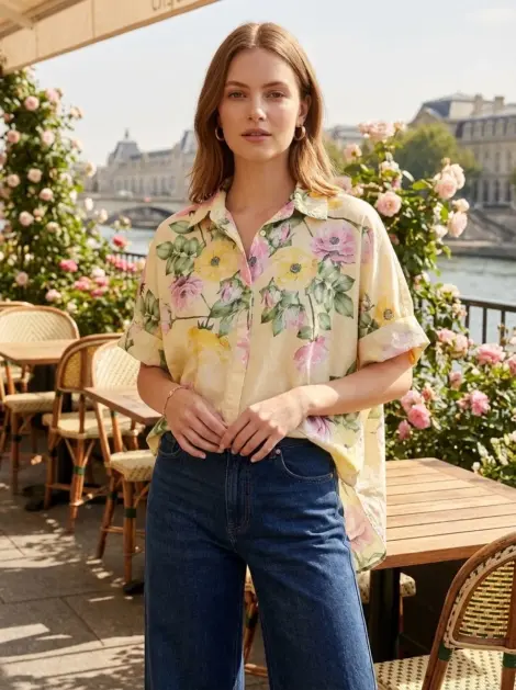 Chemise fluide au charme bucolique Oversize "Jardin de Roses"