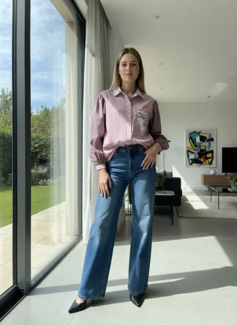 Chemise oversize en coton à rayures et fleurs - boutons et poche sur le devant