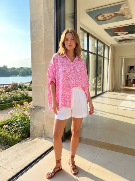 Chemise Tunique Robe oversize en gaze de coton imprimé léopard