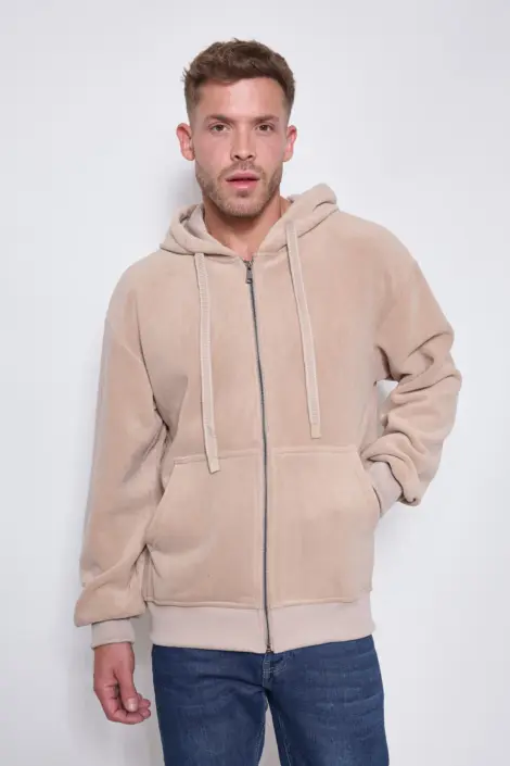 Sweat homme uni à capuche et fermeture à effet peau de pêche