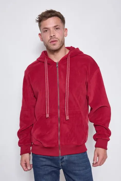 Sweat homme uni à capuche et fermeture à effet peau de pêche