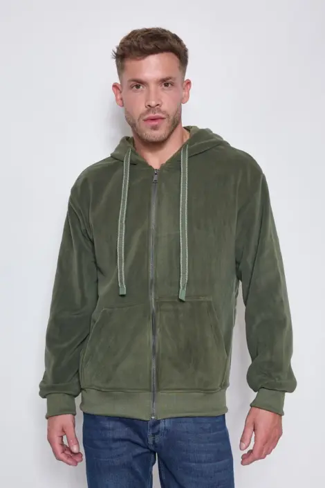 Sweat homme uni à capuche et fermeture à effet peau de pêche