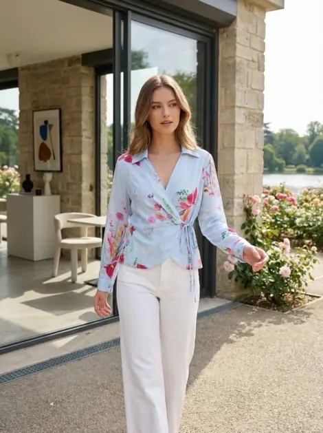 Top - Blouse en 100% viscose cache cœur fluide à nouer imprimé fleuris color?