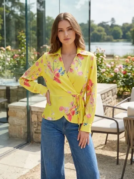 Top - Blouse en 100% viscose cache cœur fluide à nouer imprimé fleuris color?
