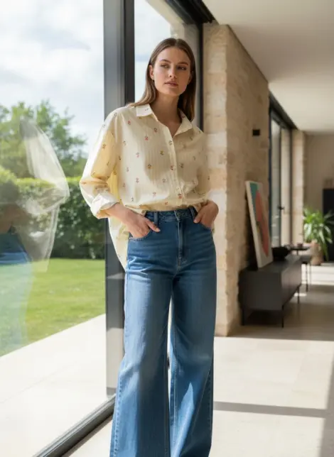 Chemise à rayures fines et motifs floraux