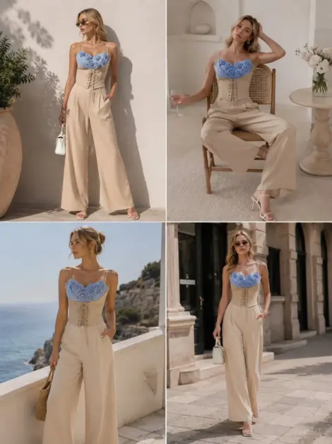 Ensemble bustier fleuri et pantalon fluide