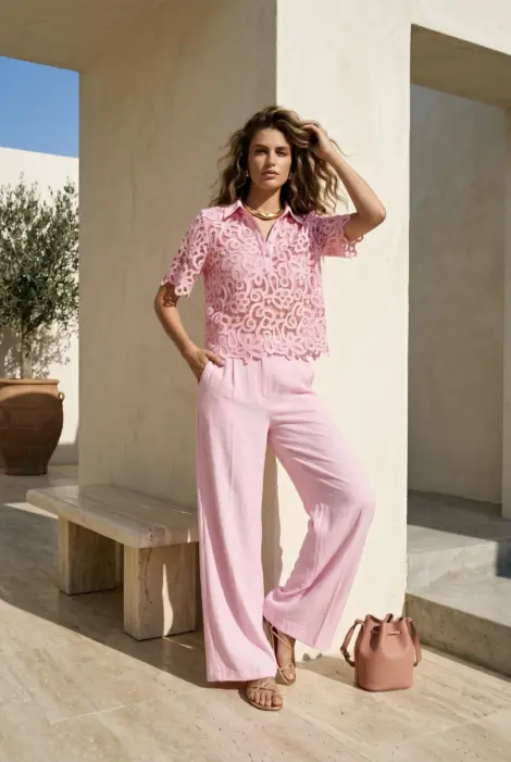 Ensemble chic avec chemise dentelle et pantalon fluide
