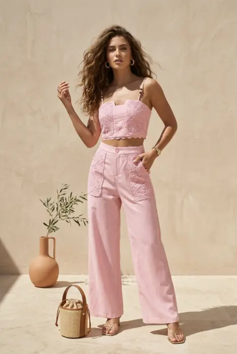 Ensemble chic avec crop top dentelle et pantalon fluide