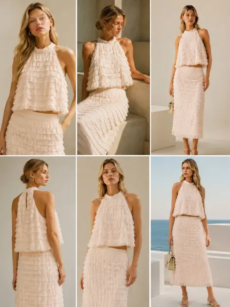 Ensemble top à volants et jupe midi texturée