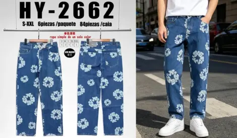 Jean homme baggy fit bleu à fleurs