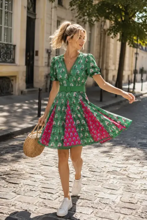 Robe courte imprimée avec ceinture