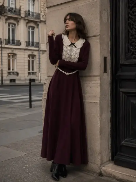 Robe longue à col dentelle
