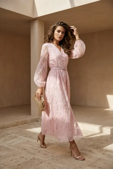 Robe longue en dentelle avec ceinture