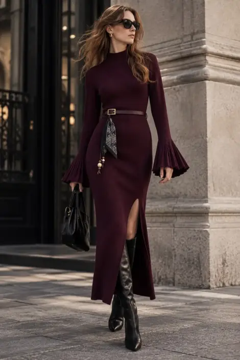 Robe longue en maille ceinturé