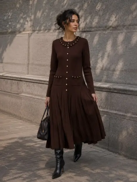 Robe longue en maille plissée