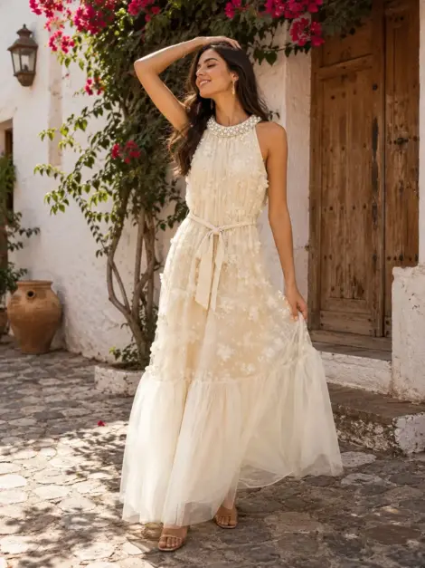 Robe maxi fleur perlée