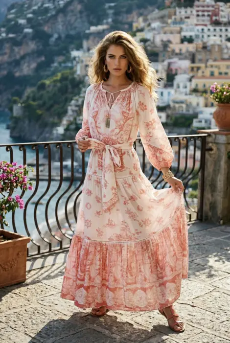 Robe midi imprimée ceinturée, manches bouffantes