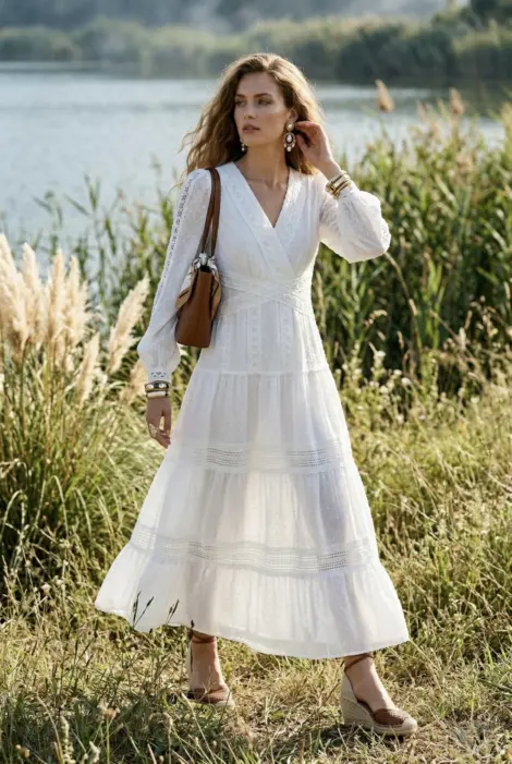 Robe midi romantique dentelle plumetis